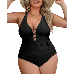 Yonique Women's Plus Size One Piece Swimsuit Tummy Control Bathing Suits Lace up Plunge Swimwear,Modest One Piece Bathing Suits for Vacation