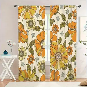 Vintage Daisy Print Semi-Transparent Curtains, Window Curtain, Cream Background, Polyester Fabric, Fade Resistant, Ideal for Living Room Bedroom Office Home Decor