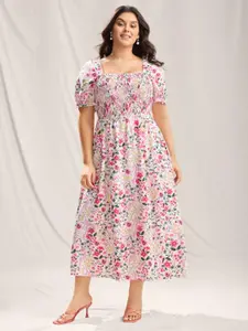 【Summer Turn-Up】【Cottagecore Dress】【Pocket Approved】 Bloomchic Shirred Floral Print Maxi Dress Pockets Casual Fit Square Neck Lantern Sleeves Plus Size Summer Boho Sundress Shortsleeve Ditsy Bohemian 2026 Summer Pick for Mother's Day
