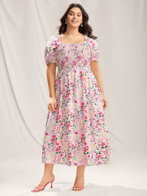 Summer Turn-UpCottagecore DressPocket Approved Bloomchic Shirred  Floral Print Maxi Dress Pockets Casual Fit Square Neck Lantern Sleeves Plus  Size Summer Boho Sundress Shortsleeve Ditsy Bohemian 2026 Summer Pick for  Mother's Day -