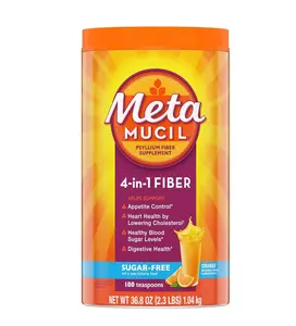 Meta Mucil 4-in-1 Daily Fiber Orange Flavor Sugar-Free Psyllium Husk Supplement for Digestive Health & Heart Wellness 180 Teaspoons Healthcare Vitamin