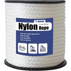 Nylon Rope 100 Ft 1/4 Inch – Multipurpose Solid Braided Rope – Abrasion & UV Resistant – Ideal for Camping, Clothesline, Marine, Flag Line - Shock Absorption for Indoor Outdoor