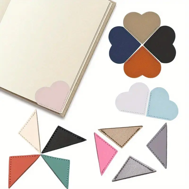 Set of 15pcs triangle Heart-shaped Leather corner bookmarks, multi-color protective book covers, Book corner page bookmarks, book accessories for reading enthusiasts, cute handmade reading gifts