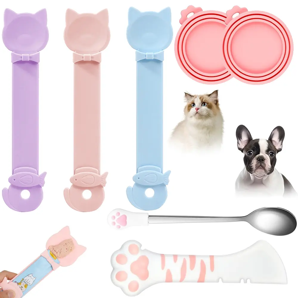 7PCS Cute Cat Paw Spoon & Can Opener Set with Lid Scraper & Cat Treat Tool,Multi-Functional Pet Wet Food Spoon Lid Remover Scraper for Cats Dogs Canned Food