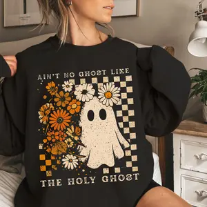 Checkered Wild Flowers Ain’t No Ghost Like the Holy Ghost Sweater, Funny Christian Halloween Tee, Bible Verse Ghost Shirt, Holy Spirit Jesus Apparel