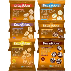 Mini Sized - 0.74 Ounce Bags - Drizzilicious Cookies & Cream, S’mores, Cinnamon Swirl, Salted Caramel, Birthday Cake & French Toast Bites - 6-Pack Snack-Size Single-Serve Rice Crisps, Healthy Gluten-Free Vegan Treats