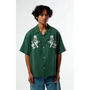 Pacsun Men's Green Floral Embroidered Oversized Resort Camp Shirt
