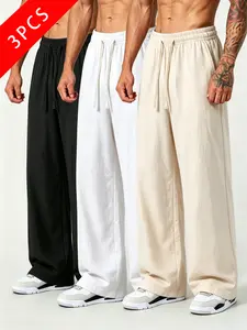 summervibes 3-pack men’s summer casual athletic pants, 100% cotton-linen blend, loose straight cut, lightweight, breathable, comfortable, simple versatile design