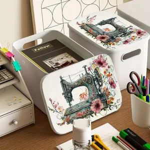 1pc white storage box with dust cover for home use - storing bed bottoms, shelves, and cabinets - vintage sewing machine floral patterns - suitable for clothing, needles, and souvenirs, large capacity item storage box -25x18x16cm (9.8x7x6.3in)