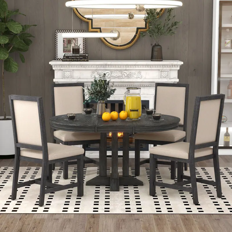 Black Solid Wood-MDF Extendable Round Farmhouse Dining Table - Excellent Quality, 300 lbs Capacity, Easy to Assemble (Assembly Required), for Dining Room, Kitchen Family Use, Indoor Furniture