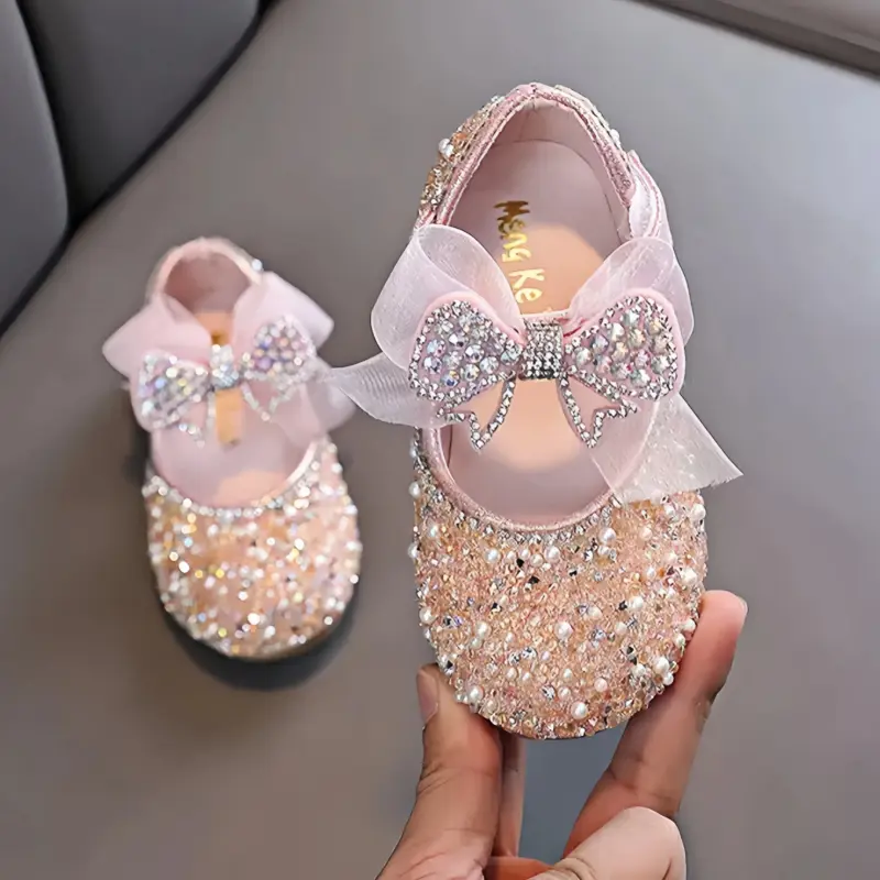 Girls' Princess PU Leather Sandals, Decorative Low Top Shoes for Toddlers with Ribbon, Pearl Bow & Velcro Strap, Kids Shoes, Female, Lady, Middle-Aged Children