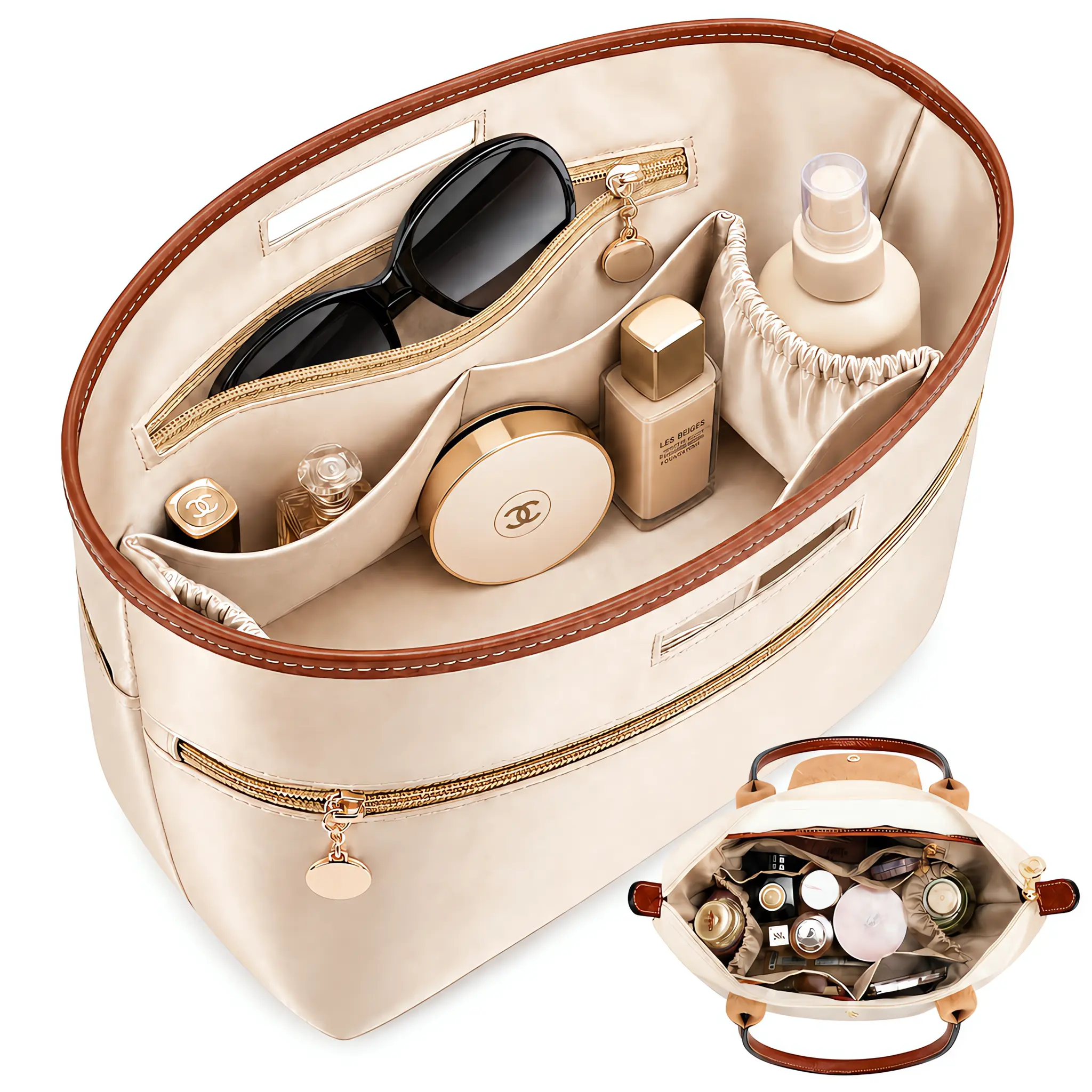 HONITTY Soft Bag Organizer Satin Tote Insert with Handles - Divider Compatible with Longchamp Le Pliage, LV Neverfull MM, Speedy 30, Goyard PM (Beige, 3 Sizes: Large, Medium, Small), Soft Bag Organizers