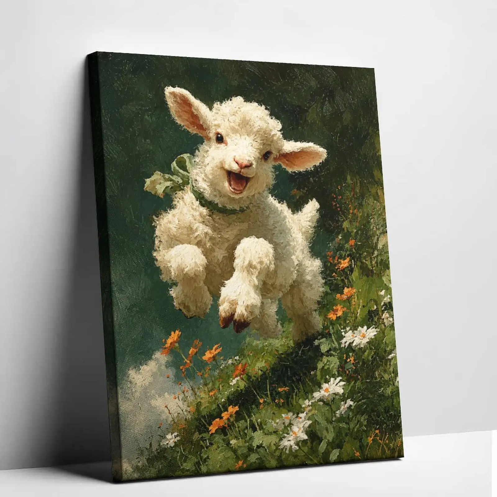 Cute Baby Lamb Canvas Wall Art Cottagecore Country Poster Jumping Sheep Oil Painting Print Aesthetic Farmhouse Room Decor Nursery Living Room Bedroom Artwork Bright Picture Display
