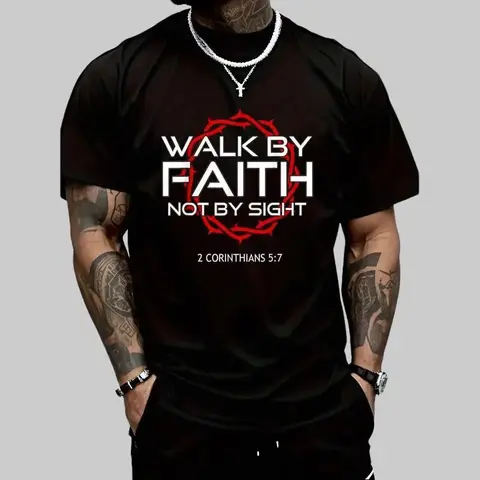 Women's Walk by Faith Christian Graphic Tee - Unisex Premium Cotton Round Neck Fitted Short-Sleeve Casual Tshirt, Uplifting Bible Verse Print Black Christian Clothing for Church Days