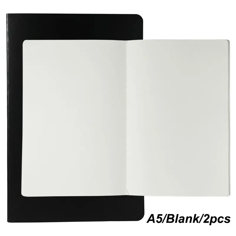 2pcs blank notebooks | A5 60pages blank inner page | light yellow thickend inner paper | fight ink bleed | black/White cover journal | Office Stationery | Unlined Notebook