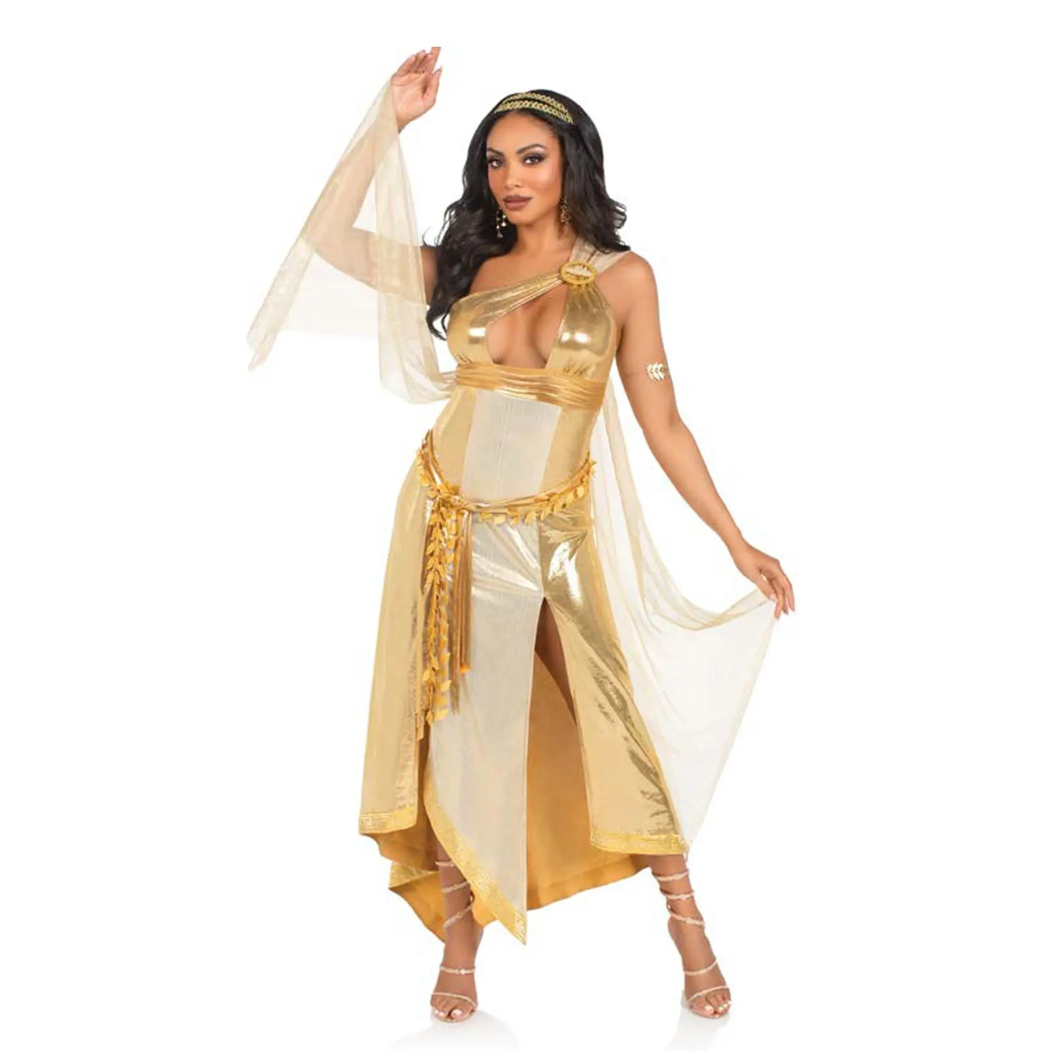 Three Pieces Golden Goddess Costume Set, Asymmetrical shimmer dress with one-shoulder buckle accent