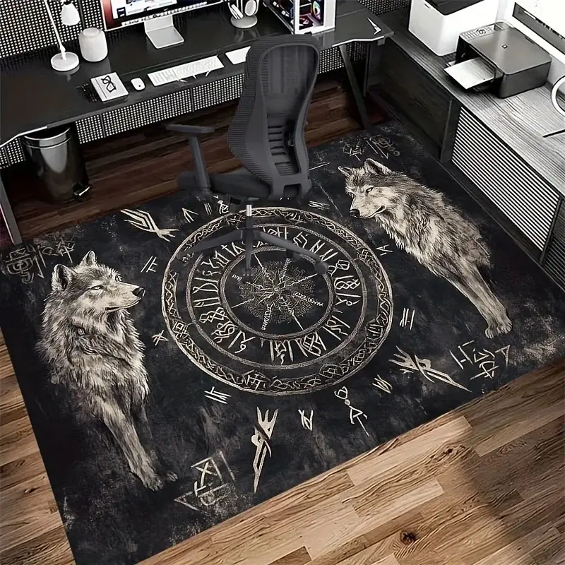 Viking Wolf Rune Vegvisir Flannel Cozy Area Rug - Norse Mythology Print Soft Mat for Living Room, Non-Slip Warrior Home Decor Indoor Rug#VikingRug #WolfRuneMat #NorseMythologyDecor #VegvisirCarpet #NonSlipFlannelRug
