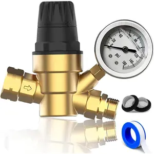 Water Pressure Regulator for RV Camper and Travel Tailer, Brass Lead-Free Water Pressure Regulator with Gauge and Handle Adjustment Knob, Filters