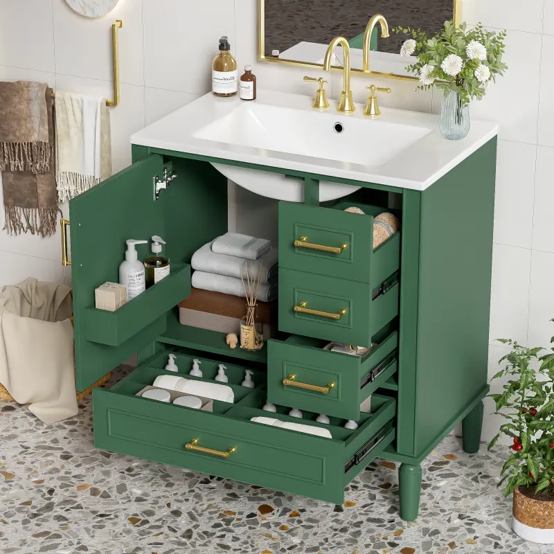 [SOIYELIFE] Traditional 30" Green Bathroom Vanity Set, Floor Standing, with Three Drawers, Soft Close Doors, with Long Gold Metal Hands - Perfect for Small Bathrooms