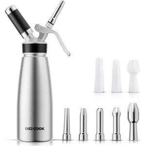 Professional Aluminum Whipped Cream Dispenser 500 mL/1 Pint Leak-Free Whipped Cream Maker Canister with 8 Decorating Nozzles & Cleaning Brush N2O Chargers Not Included Silver 500ml
