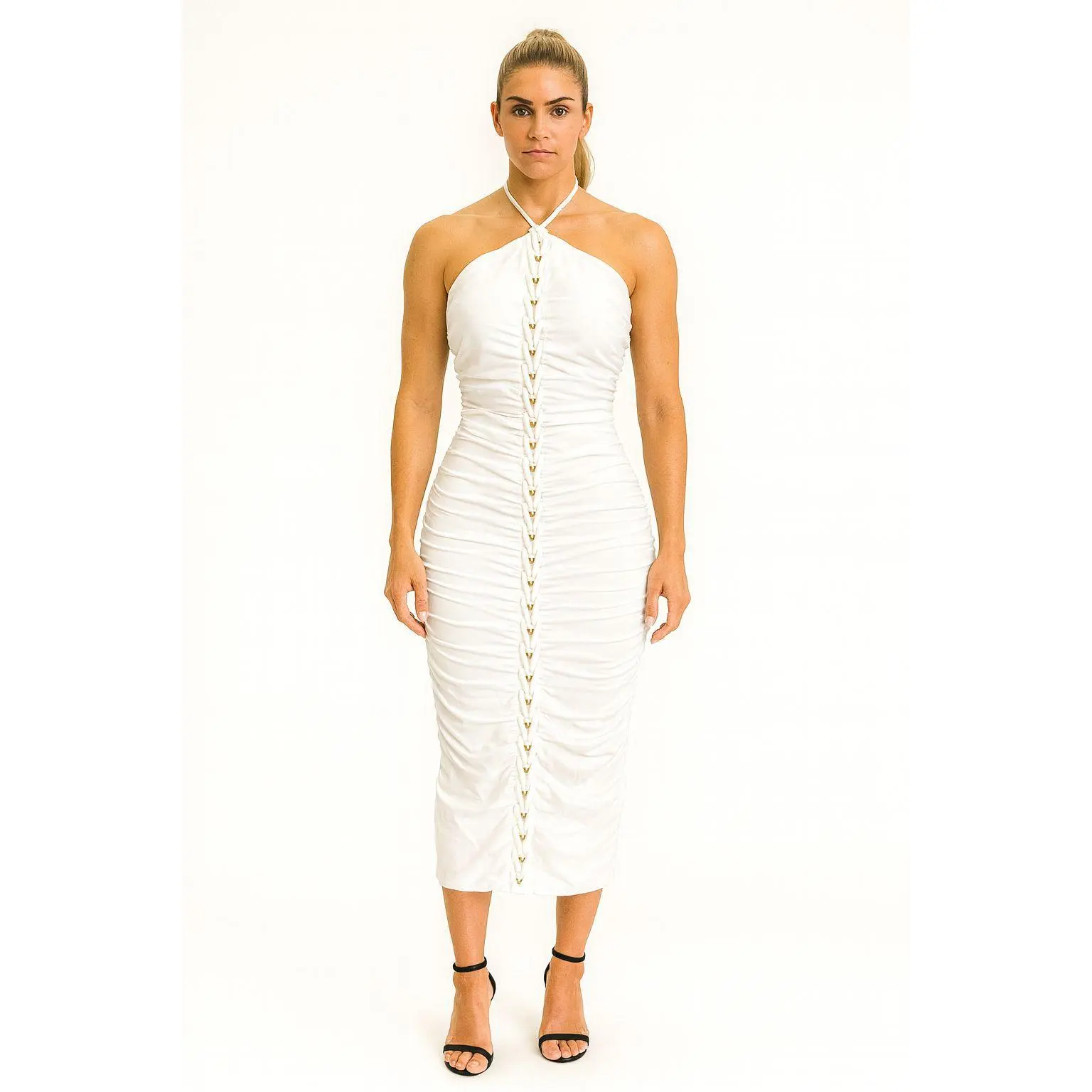Aphrodite Bodycon Midi Dress White Ruched Halter with Gold Lacing - TikTok Shop Aphrodite Bodycon Midi Dress White Ruched Halter with Gold Lacing - TikTok Shop
