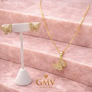 GMV Jewelry Butterfly Royale Set 18k Gold Plated Necklace & Earrings with Sparkling Rhinestones for Women Elegant Fashion Accessory