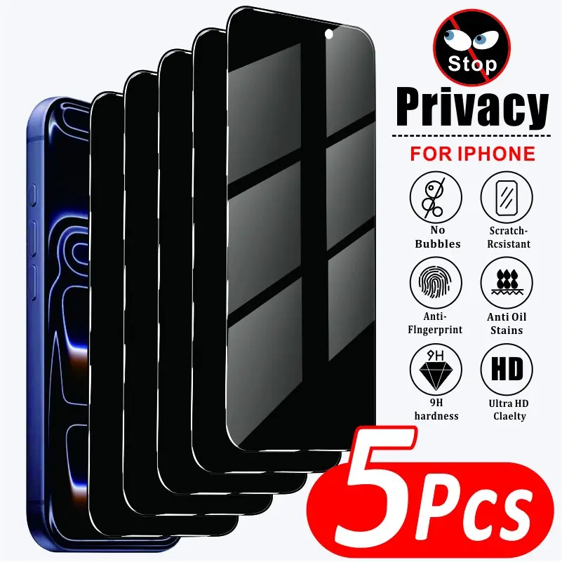 5pcs Privacy Protective Anti Peep Tempered Glass Smartphone Screen Protector, Cellphone, Compatible with iPhone 17 Pro Max/17 Air/16 Pro Max, 9h Hardness, Anti-Scratch, Anti-Fingerprint, Protection, Accessories