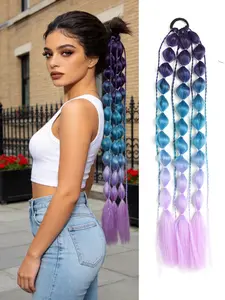 Colorful Hair Extensions, 26 Inch Lightweight, Deep Blue Light, Bubble Elastic Ponytail, Gradual Color, Party Accessory