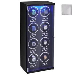 Watch Winder for 8 Automatic Watches - 8-Slot Auto Winder for Men and Women, Ultra Quiet Mabuchi Motors, Blue LED Indicator, Power Adapter, High-Density Circuit Board Enclosure, Black PU Case, Smooth Rotation
