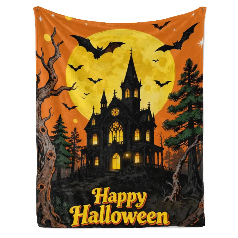 Happy Halloween Haunted House Flannel Blanket Soft Warm Throw Blanket,Vintage Halloween Full Moon Bat Castle Decor Blanket Home Sofa Couch Cover,Spooky Halloween Night Ghost House Plush Blanket Holiday Decor Throw