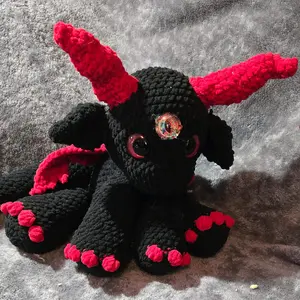 Black and Red Dragon Plush Toy - Black Body, Red Accents, Red Horns, Characteristic Features, Soft Material, Plush Design