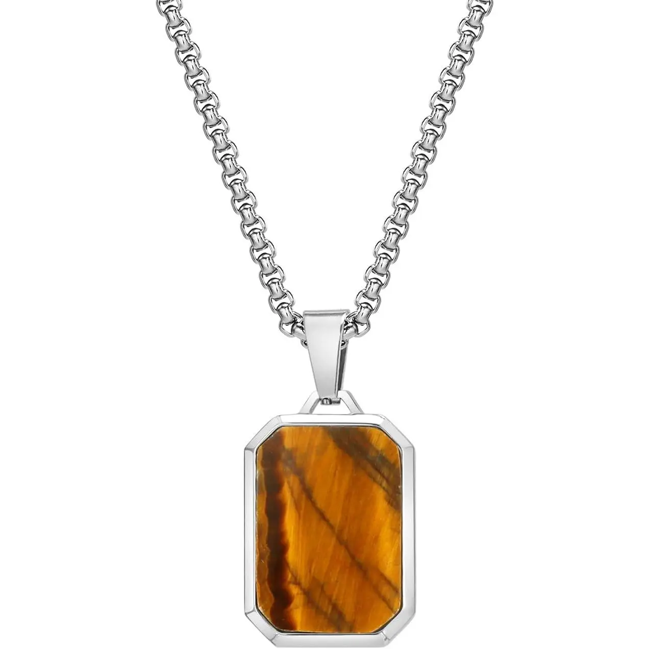 Men's Stainless Steel Mobius Shape Rectangle Pendant Necklace Accessory - Ancient Vikings Style Spiritual Jewelry for Male Adults, Gun Metallic Chain, Natural Crystal-Stone Mix, Green Turquoise/Tiger Eye/Lapis Lazuli, Christmas Gift for Power & Protection