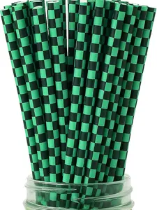 100 Black and Green Checkered Straws - Disposable Paper 7.75 Inch Straws for Demon Anime Themed Party