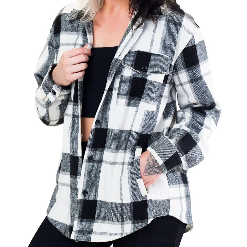 CONSTANTLY VARIED GEAR Women's Black Wool Shacket - Casual Button-Fastening, Lightweight, Soft Comfortable Fabric Plaid Jacket with Pockets for Everyday Style