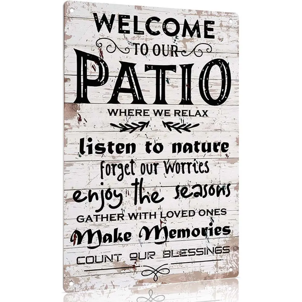 12x8 inches Aluminum Welcome Letter Plaque - Country Rustic Farmhouse Home Decor Products, Soothing Outdoor Patio Wall Decor, Porch Sign with "Welcome To Our Patio, Where We Relax & Make Memories" Text, Ideal Gift