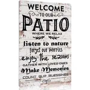 12x8 Inch Aluminum Metal Sign, Rustic Patio Wall Decor - "Welcome To Our Patio, Where We Relax & Make Memories" Vintage Outdoor Porch Sign