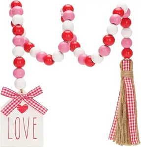 Love Wooden Beads Garland with Tassels, 33" Hot Pink Wooden Bead Tassel Garland with Love, Wedding, Baby Shower Decoration