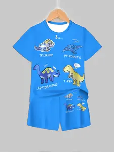 Blue Cartoon Dinosaur Print Short Sleeve Shorts Set, Cute Casual Kids Clothing, Summer Fashion for Boys and Girls Outfit