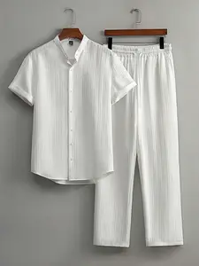 1 Men's White 2-Piece Set, Stand Collar Textured Shirt & Drawstring Wide-Leg Pants, Casual Minimalist Style, Ideal for Summer Beach & Urban Outfits, Menswear, Clothes
