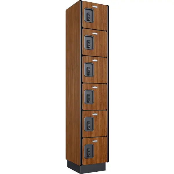 Global Industrial 413336 6-Tier 6 Door Digital Wood Locker, Cherry - 12 x 15 x 72 in.- Unassembled