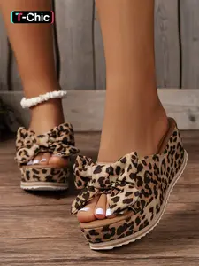 Women's Cute Bow Decor Leopard Print Wedge Sandals, Bowknot Design Slides, Casual Trendy Slip on Wedge Popular 2024 Summer Sandals, Fashionable Shoes for Daily Summer Vacation Beach Wear, Trending Sandals