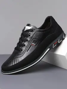 Men's Flat Business Casual Shoes, PU Leather Stripes Design, Narrow Fit Less Than Ankle Height, All Season Wear, Comfortable Daily Use, Closed