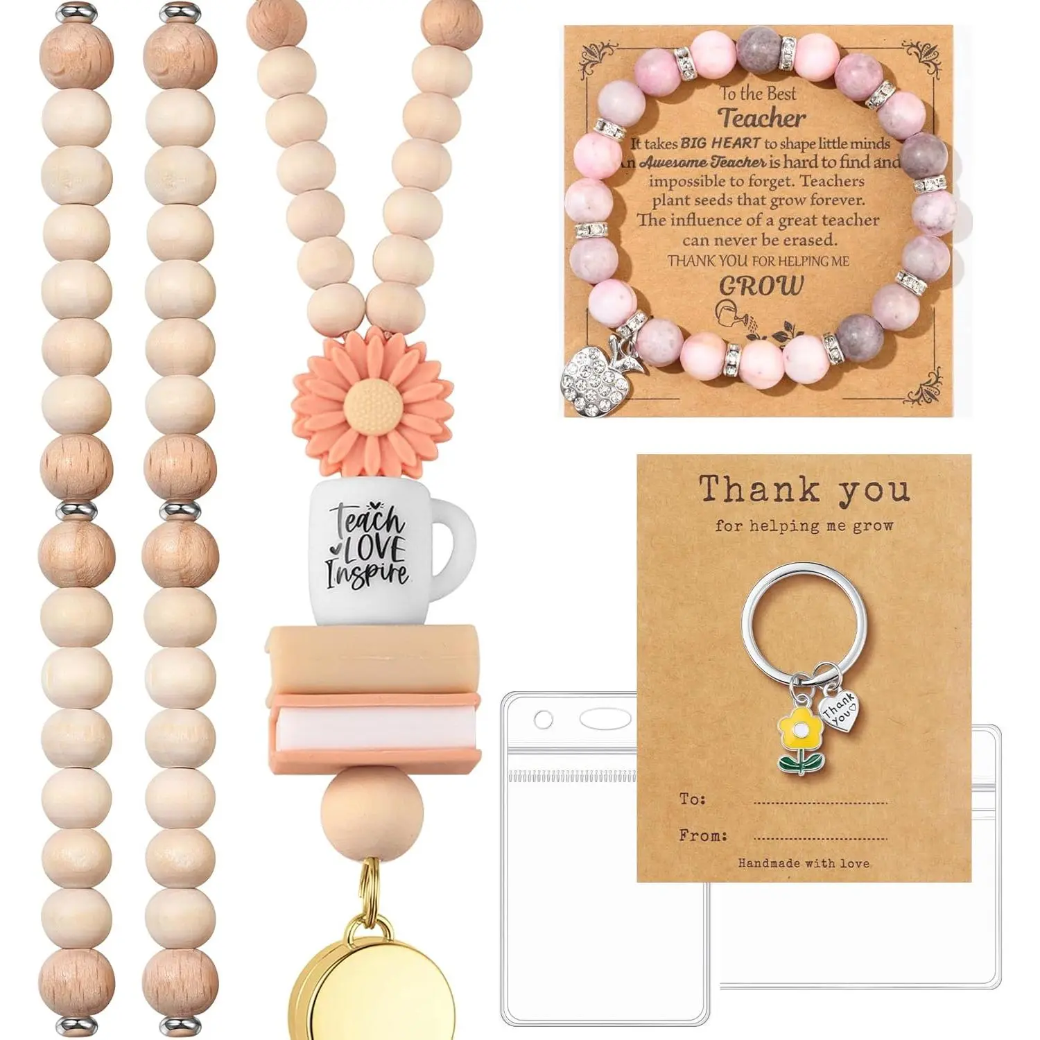Teacher Appreciation Gifts for Women Teachers Bracelet Wooden Beaded Lanyard Thank You for Helping Me Grow Keychain Teacher Gifts Set
