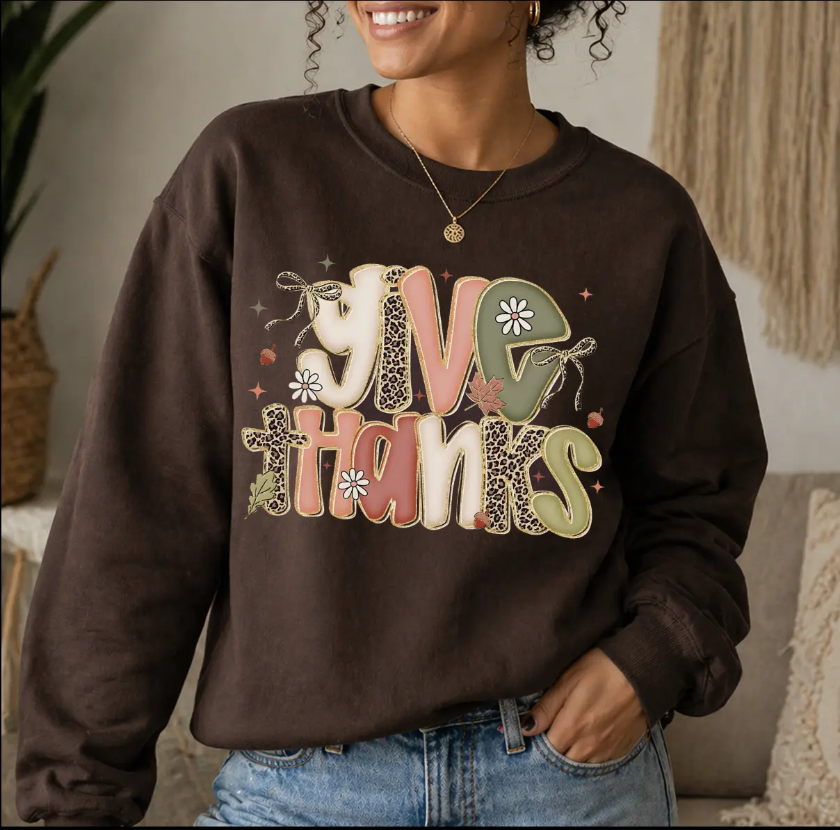 Preppy Give Thanks Leopard Pumpkins Autumn Cozy Pullover Sweater, Preppy Thanksgiving Coquette Bow Shirt, Fall Pumpkin Gifts for Christians