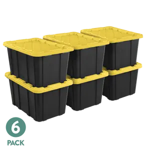 Sterilite Large Storage Bin, 27 Gallon Durable Plastic Storage Tote with Snap-On Lid, Black and Yellow ,6 Pack