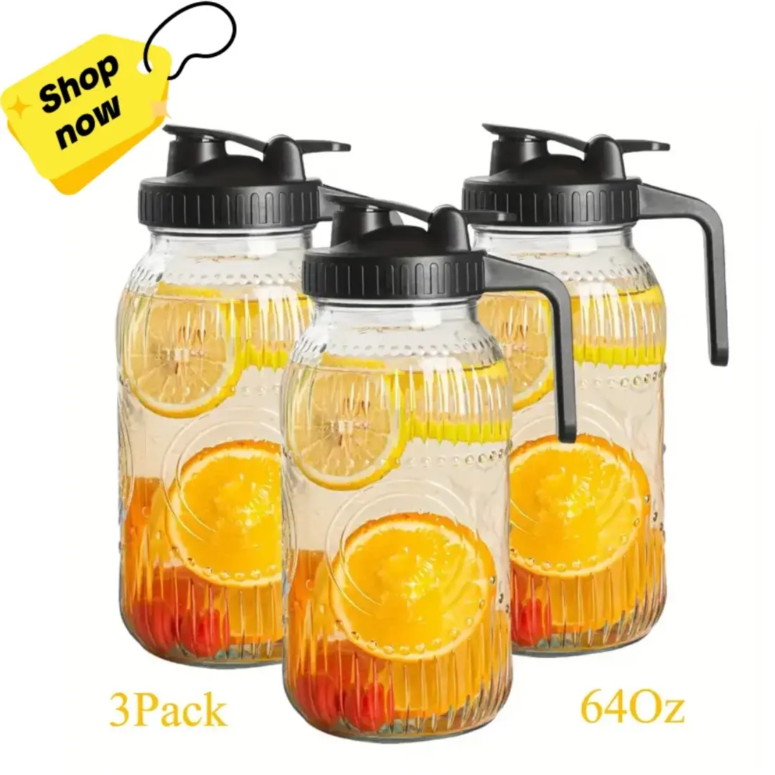 3 Packs 64OZ Glass Pitcher with Lid, Wide Mouth Mason Jar Water Jug, Leak-Proof Airtight Mason Jar for Cold Brew Coffee, Iced tea, Milk, Food Storage, Sun Tea, Black Lids