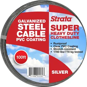100 Feet Clothesline Galvanized Wire Cable, Silver PVC Coating - Clothes Line Wires for Outside Laundry Drying