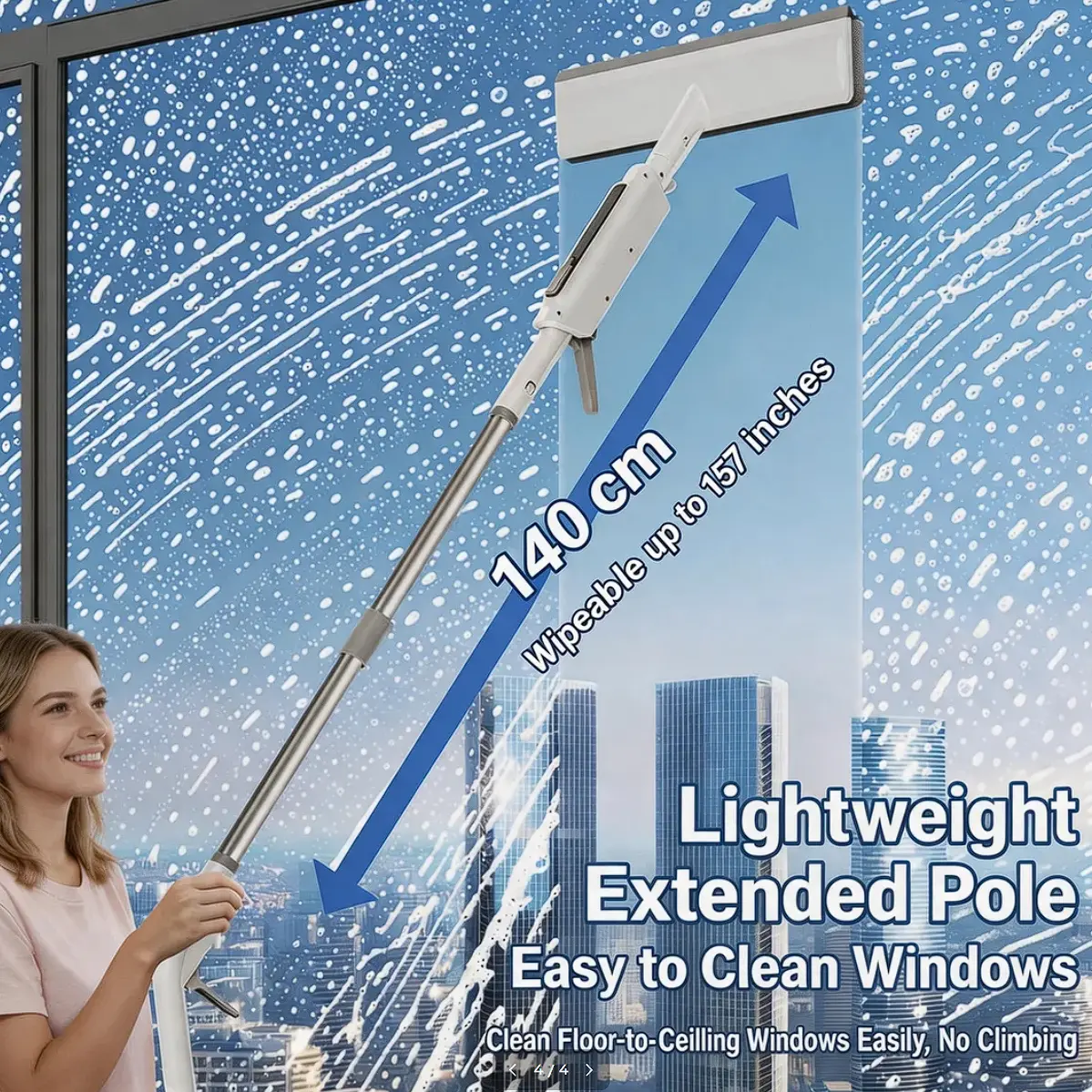 Magic Spray Window Squeegee with Washable Microfiber Pad Glass Cleaning Brush Streak Free Wipe —Silicone Scraper, and Water Spray Wand, Ergonomic, Easy-Grip Handle, 140 cm Extendable Pole for Shower Glass Car Windshield