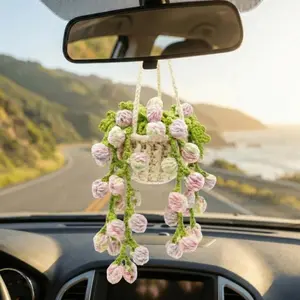 Handmade Crochet Flower Car Mirror Hanging Ornament Boho Potted Plant Rearview Charm Interior Decor Accessory Cute All Season Design