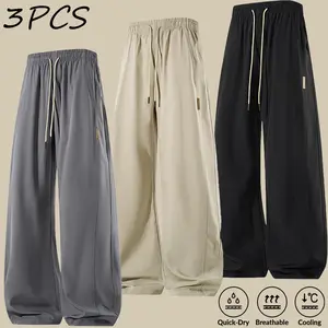 Fashion Men Cooling Draping Wide Leg Pants Lightweight Breathable Elastic Adjustable Waist Loose Streetwear Trousers